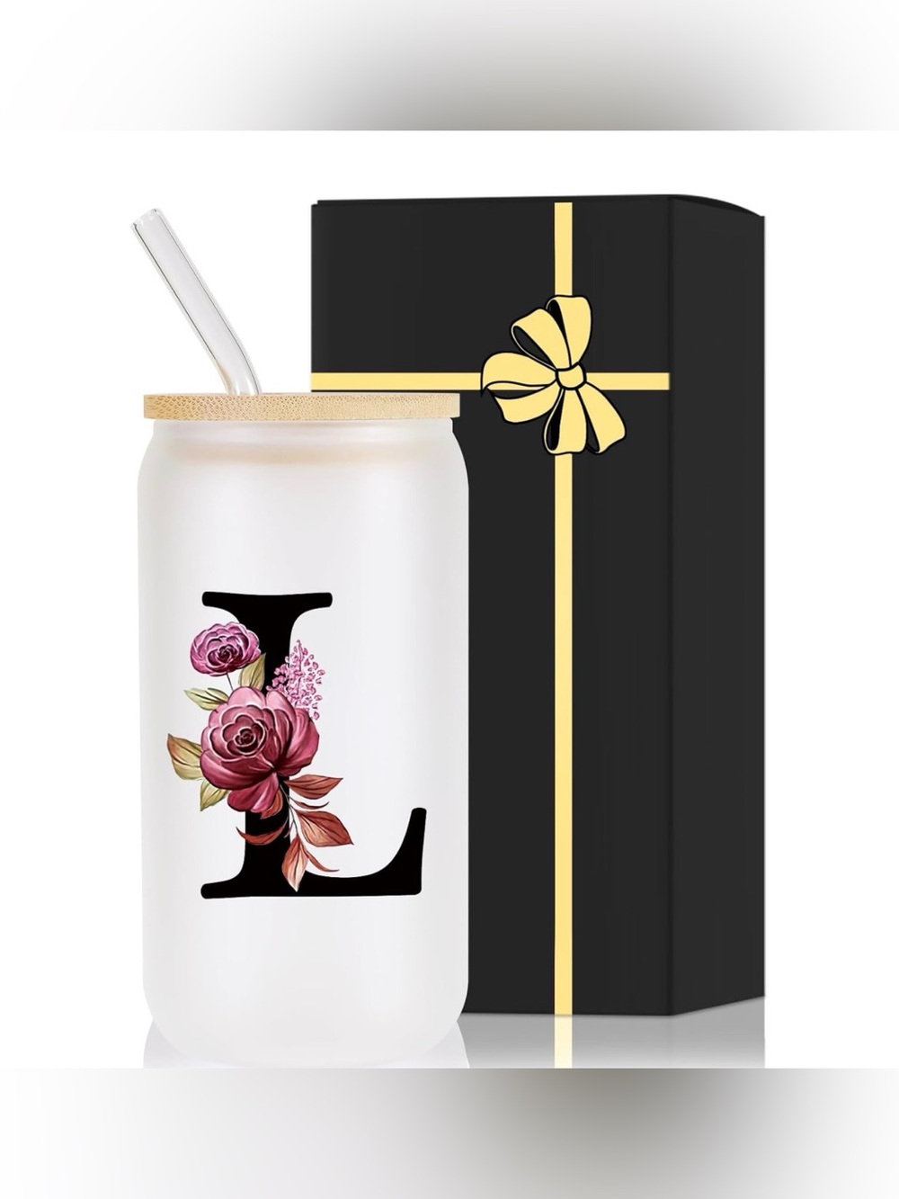 (NEW) Floral Monogrammed “L” Frosted 16oz Glass Tumbler - Pink & Gold Accents L